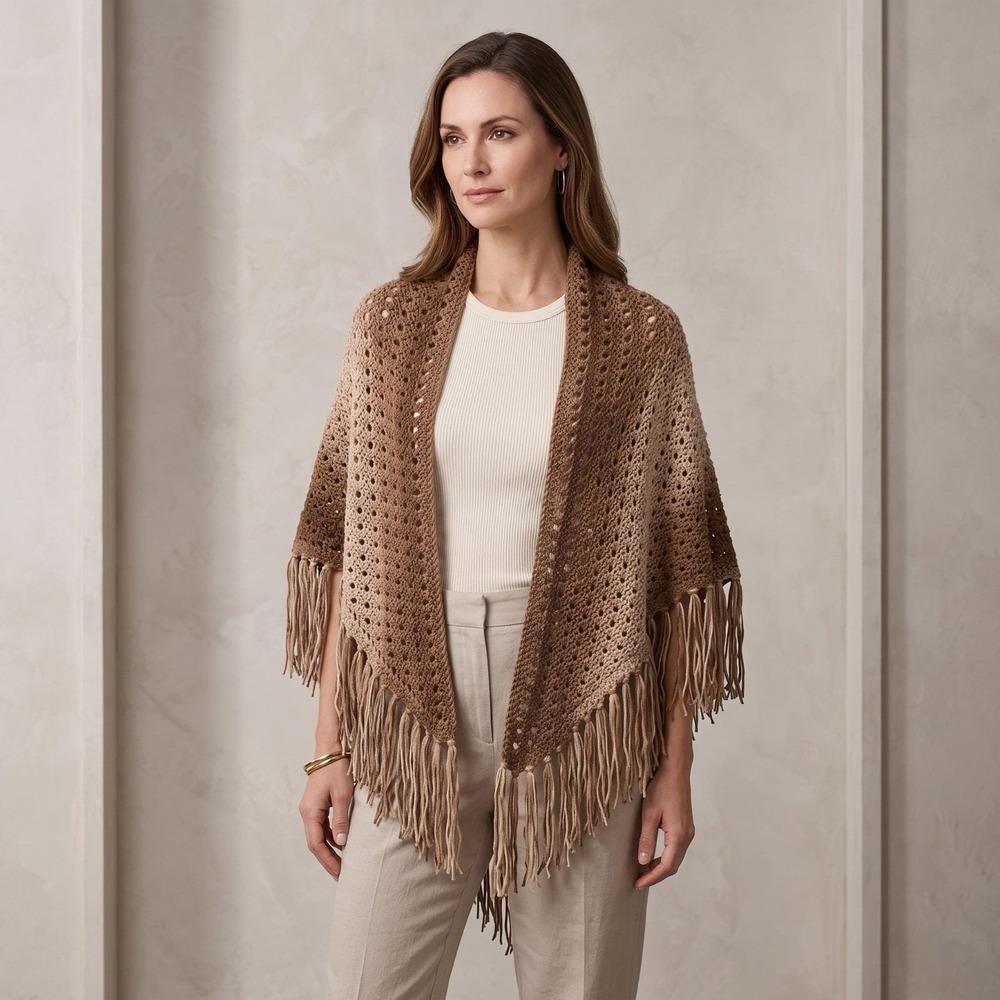 NEW Brown Ombre Hand Knitted Shawl Wrap Scarf Boho Fringe Cottage Indie Art